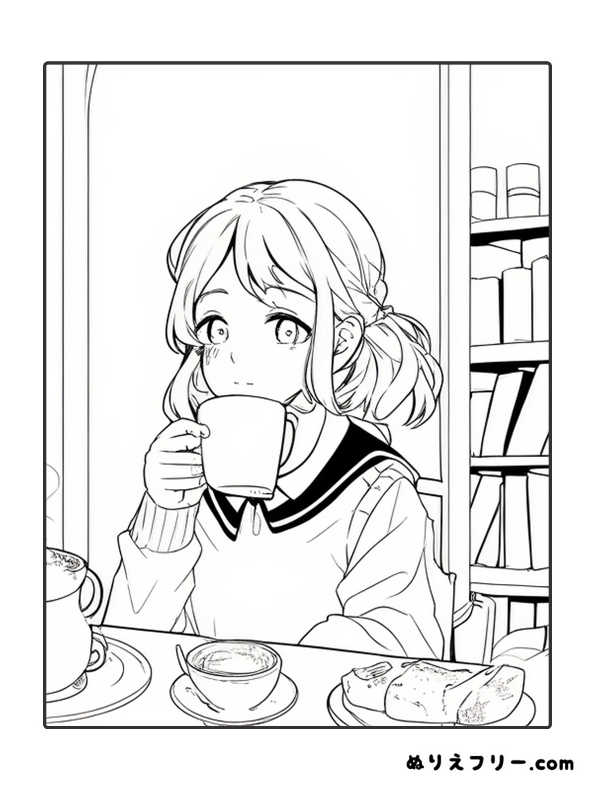 コーヒーを飲む女性のぬりえ