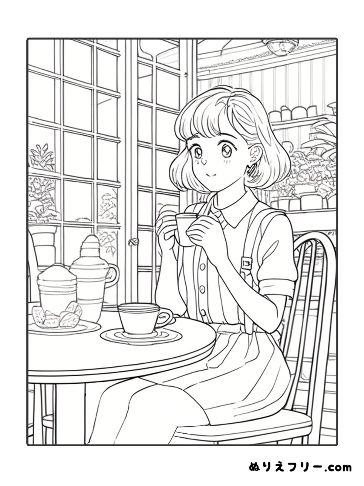 コーヒーを飲む女性のぬりえ02